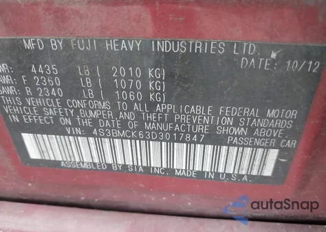 2013 Subaru Legacy 2.5I Limited z USA, uszkodzony, nr VIN 4S3BMCK63D3017847